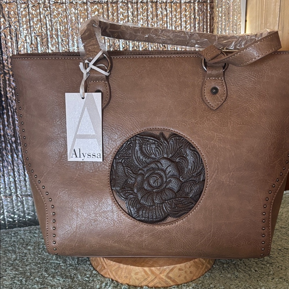 Alyssa tooled floral medallion design faux leather tote bag brown and tan